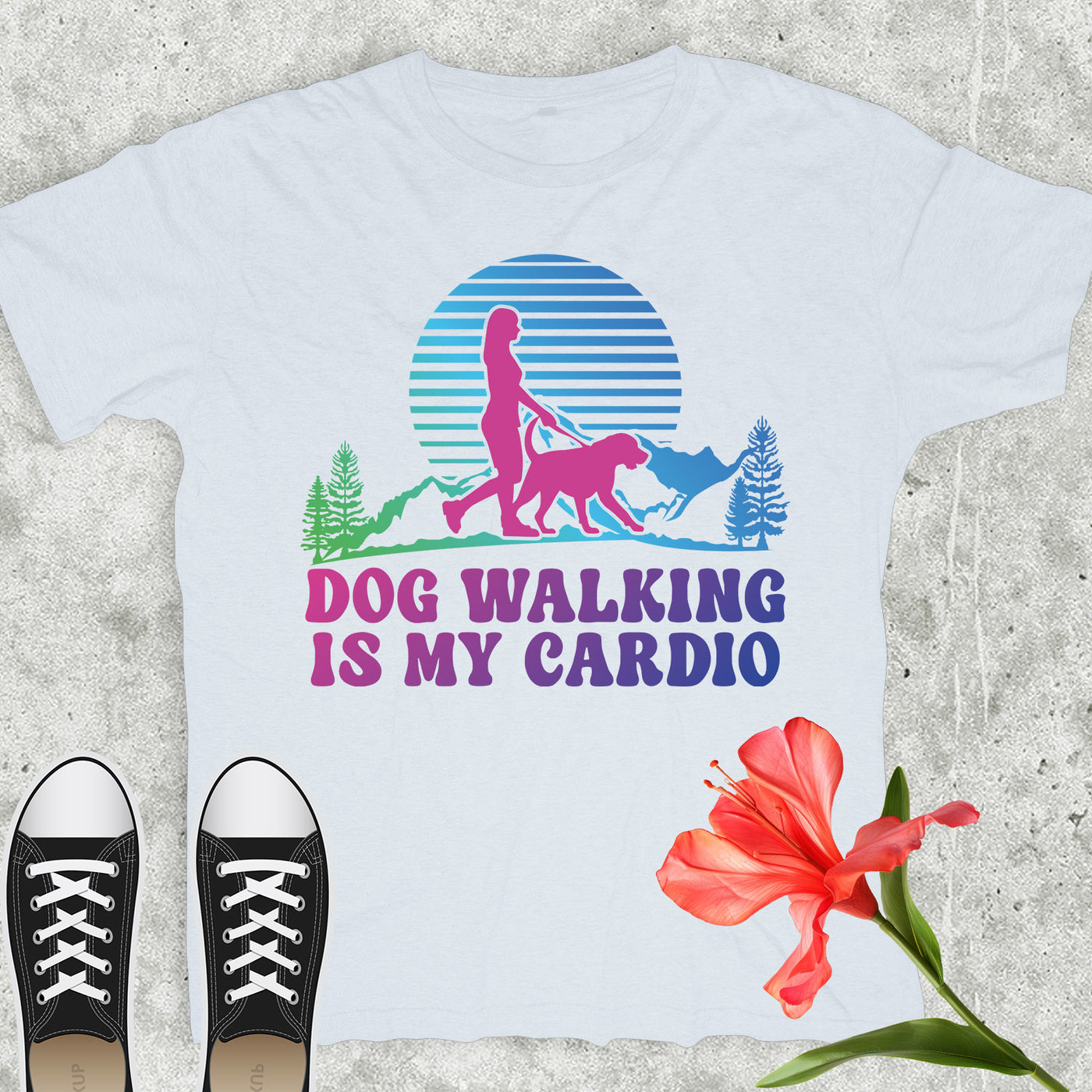 Dog Walking Is My Cardio Colored Print T-Shirt