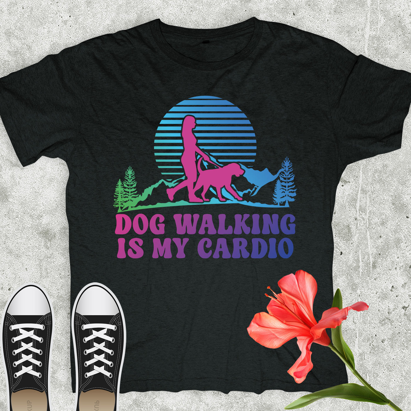 Dog Walking Is My Cardio Colored Print T-Shirt