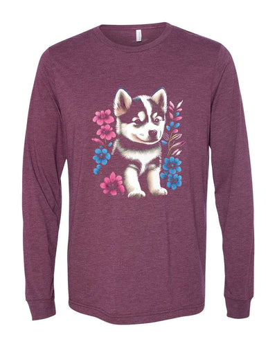 Siberrian Husky Floral Colored Print Long Sleeves
