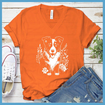 Border Collie Floral T-Shirt V-Neck