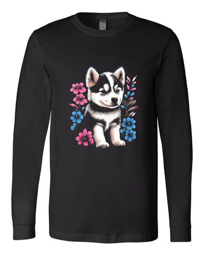 Siberrian Husky Floral Colored Print Long Sleeves