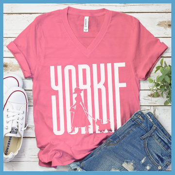 Yorkie Dog Walking V-Neck