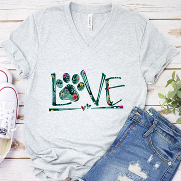 Dog Love Floral Colored Print V-Neck