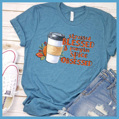 Stressed Blessed & Pumpkin Spice Obsessed Colored T-Shirt - Rocking The Dog Mom Life